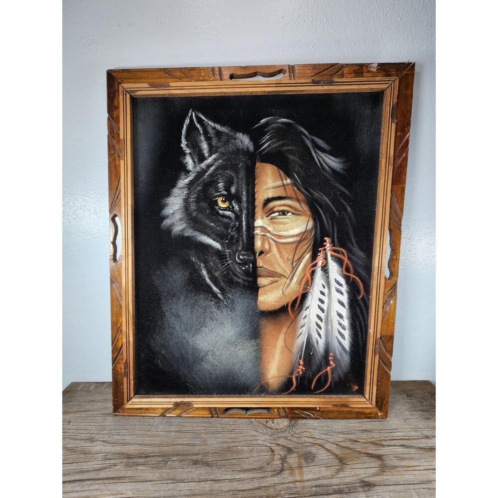 Native & Wolf Black Velvet Painting 1970s Ortiz Carved Wood Frame